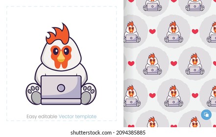 Seamless pattern with cartoon chicken on white background. Can be used on packaging paper, cloth and others.
