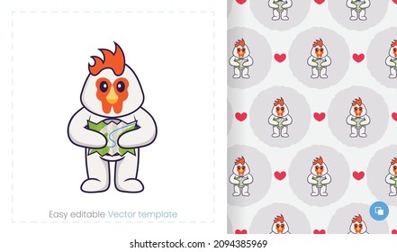 Seamless pattern with cartoon chicken on white background. Can be used on packaging paper, cloth and others.