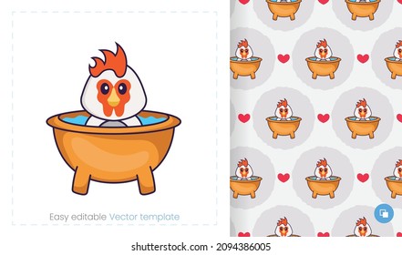 Patrón sin foco con pollo de caricatura de fondo blanco. Se puede usar en papel envasado, tela y otros.