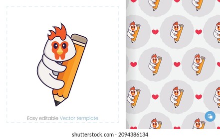 Seamless pattern with cartoon chicken on white background. Can be used on packaging paper, cloth and others.