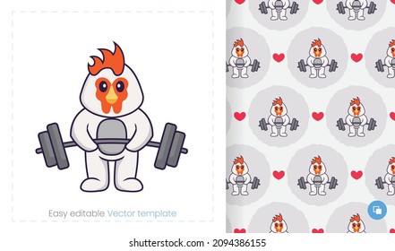 Seamless pattern with cartoon chicken on white background. Can be used on packaging paper, cloth and others.