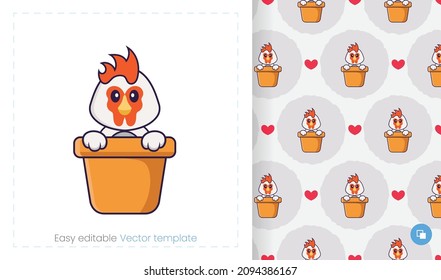 Seamless pattern with cartoon chicken on white background. Can be used on packaging paper, cloth and others.