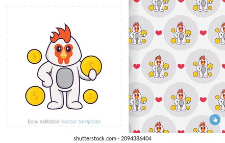 Seamless pattern with cartoon chicken on white background. Can be used on packaging paper, cloth and others.