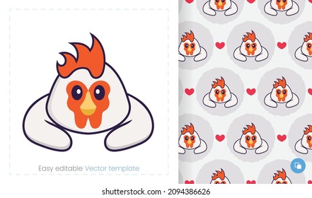 Seamless pattern with cartoon chicken on white background. Can be used on packaging paper, cloth and others.
