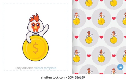 Seamless pattern with cartoon chicken on white background. Can be used on packaging paper, cloth and others.