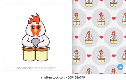 Patrón sin foco con pollo de caricatura de fondo blanco. Se puede usar en papel envasado, tela y otros.
