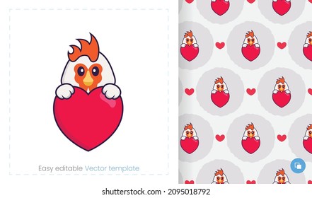 Seamless pattern with cartoon chicken on white background. Can be used on packaging paper, cloth and others.