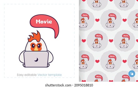 Seamless pattern with cartoon chicken on white background. Can be used on packaging paper, cloth and others.