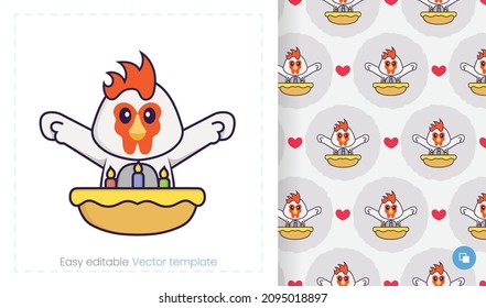 Seamless pattern with cartoon chicken on white background. Can be used on packaging paper, cloth and others.