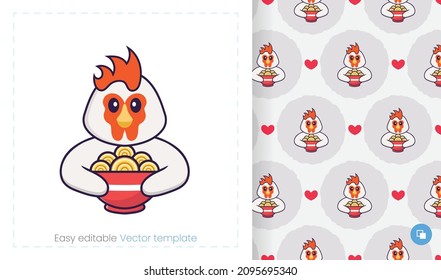Seamless pattern with cartoon chicken on white background. Can be used on packaging paper, cloth and others.