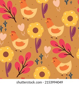 seamless pattern cartoon chicken and plant. animal drawing for kids wallpaper, textile, fabric print