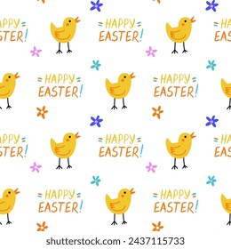 Seamless pattern with cartoon chickens and happy easter lettering on white background. Modern flat cute background. Vector illustration