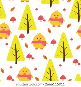 Pollitos inconsútiles de la historieta del modelo con vibraciones del otoño. Fondo de pantalla lindo de la caída del otoño para la impresión de la tela, papel del abrigo del regalo