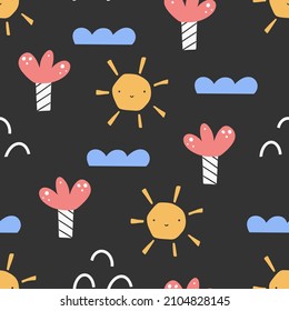 Seamless pattern. Cartoon childish hand-drawn illustration. Colorful doodle in a limited palette for printing baby fabrics, packaging, wallpapers. Vector illustration.