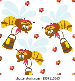 seamless pattern cartoon children colored bee in a red scarf with a bucket collects yellow honey flowers