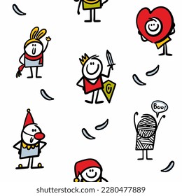 Seamless pattern with cartoon children in costumes and masks at masquerade holiday. Vector illustration wallpaper of haloween, easter, valentines day and new year party.