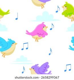 Patrón inconsútil de los pájaros coloridos de los niños de la historieta con las nubes y la notación musical en un fondo blanco. Primer plano, aislado. El elemento de diseño