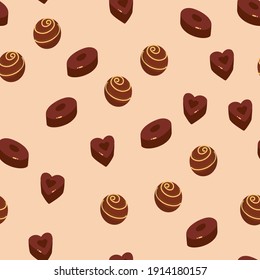 seamless pattern with cartoon chocolate candy. Delicious sweets. beige background