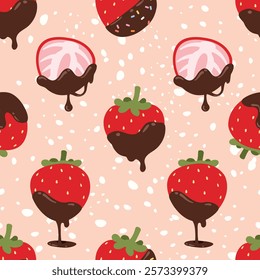 Seamless pattern cartoon of chocolate covered strawberry. Chocolate dipped strawberry fruit. Pattern design for children fabric, wrapping paper, wallpaper and fashion prints.