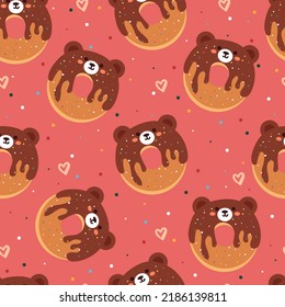 seamless pattern cartoon chocolate doughnut bear in pink background. cute food wallpaper for kids, gift wrap paper