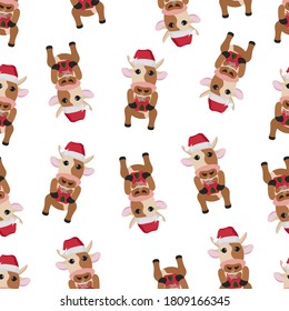Seamless pattern with cartoon Christmas bulls, decorative elements on a white background. Flat colorful vector for kids, bull Cup Christmas. children's design for fabric, textile, wrapper, printing.