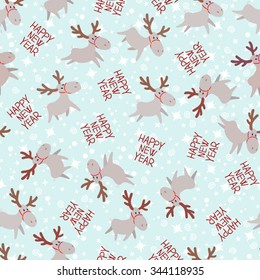 Seamless pattern with cartoon Christmas deer with the inscription Happy New Year