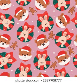 seamless pattern cartoon Christmas flower wreath with bunny, puppy, gingerbread and accessories. Cute Christmas wallpaper for gift wrap paper