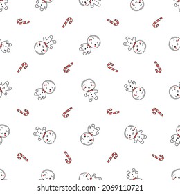 Seamless pattern of cartoon christmas gingerbread mans and candies cane. Vector flat wrapper for gifts