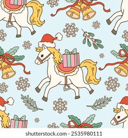 Seamless pattern cartoon of Christmas horse wearing a Santa hat with a gift box. It is a feminine pattern. Pattern for fabric and wrapping paper, Pattern for design wallpaper and fashion prints.
