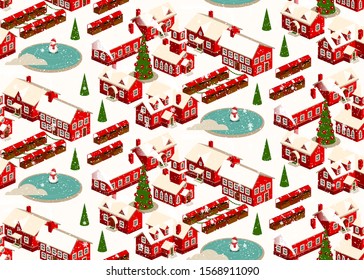 Seamless Pattern with Cartoon Christmas Town. Snowy Street.  Vector illustration.