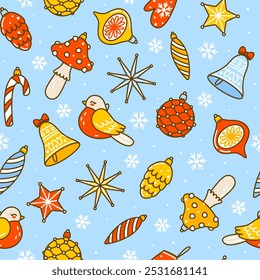 Seamless pattern with cartoon Christmas tree decorations on blue background for happy winter holidays design