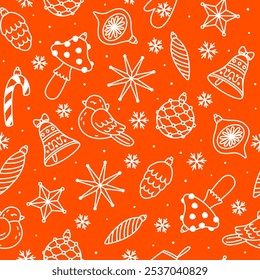 Padrão contínuo com decorações de árvore de Natal desenhos animados no fundo vermelho para feliz design de férias de inverno
