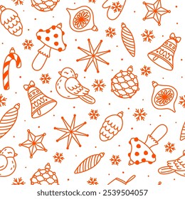Seamless pattern with cartoon Christmas tree decorations on white background for happy winter holidays design