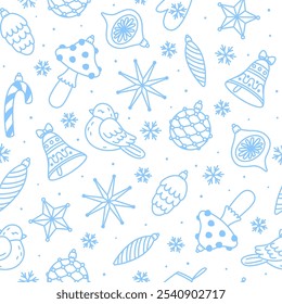 Seamless pattern with cartoon Christmas tree decorations on white background for happy winter holidays design