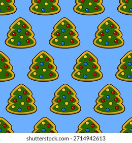 Un patrón sin fisuras de galletas de árbol de Navidad de dibujos animados sobre un fondo azul. Adecuado para decorar telas, papel de embalaje, Fondo de pantalla, fondos y mucho más.
