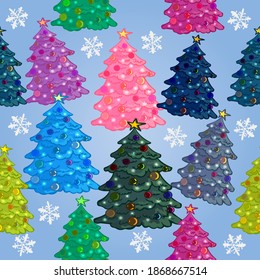 Seamless pattern with cartoon Christmas trees. Festive wrapping paper, fabric, vector