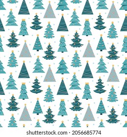 Seamless pattern with cartoon Christmas trees on a white background. Simple scandinavian trendy flat vector. Hand drawing. Design for fabric, print, wrapper