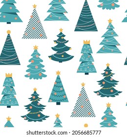 Seamless pattern with cartoon Christmas trees on a white background. Simple scandinavian trendy flat vector. Hand drawing. Design for fabric, print, wrapper