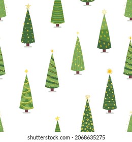 Seamless pattern of cartoon Christmas trees, pines for greeting card, invitation, banner, web, packaging. New Year and Christmas tree traditional symbol with garlands, light bulb, star. Winter 