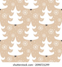 Patrón sin foco de dibujos animados de árboles navideños de estilo plano. Fondo lindo con primos y nieve. Fantástico bosque de invierno con copos de nieve. Ilustración del vector