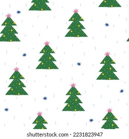 Seamless pattern with cartoon Christmas trees. Winter holiday print. Vector hand drawn illustration.