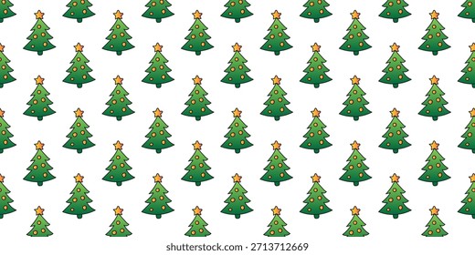 Patrón sin fisuras de árboles de Navidad de dibujos animados decorados con adornos y una estrella, que se repite en un fondo blanco limpio.