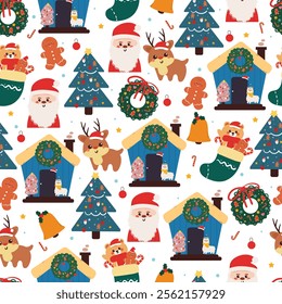 seamless pattern cartoon christmas and winter stuff and accessories. cute christmas and winter wallpaper for fabric print, gift wrap paper