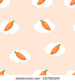 Seamless Pattern of Cartoon Cloud and carrot on peach color Background, wrapping paper, vector textile fabric print vector illustration.