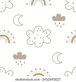seamless pattern with cartoon cloud, rainbow, decor elements. Colorful vector flat style for kids. Space. hand drawing. baby design for fabric, print, wrapper, textile