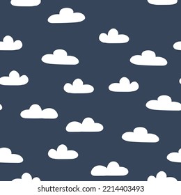 Seamless pattern with cartoon clouds on dark background. Hand drawn vector texture for wrapping paper, fabric print, kids textile, cover, card design