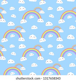 Seamless pattern with cartoon clouds and rainbows. Vector