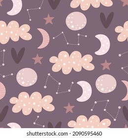 Patrón sin foco con nubes de dibujos animados, estrellas, luna, elementos decorativos. Ilustración vectorial colorida de estilo plano para los niños. diseño de bebé para impresión, textil, tela, envoltura