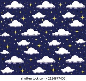 Seamless pattern with cartoon clouds and stars.suitable for fabrics; postcards; wallpaper