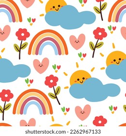 seamless pattern cartoon clouds, sun, rainbow and flower. cute wallpaper for textile, gift wrap paper